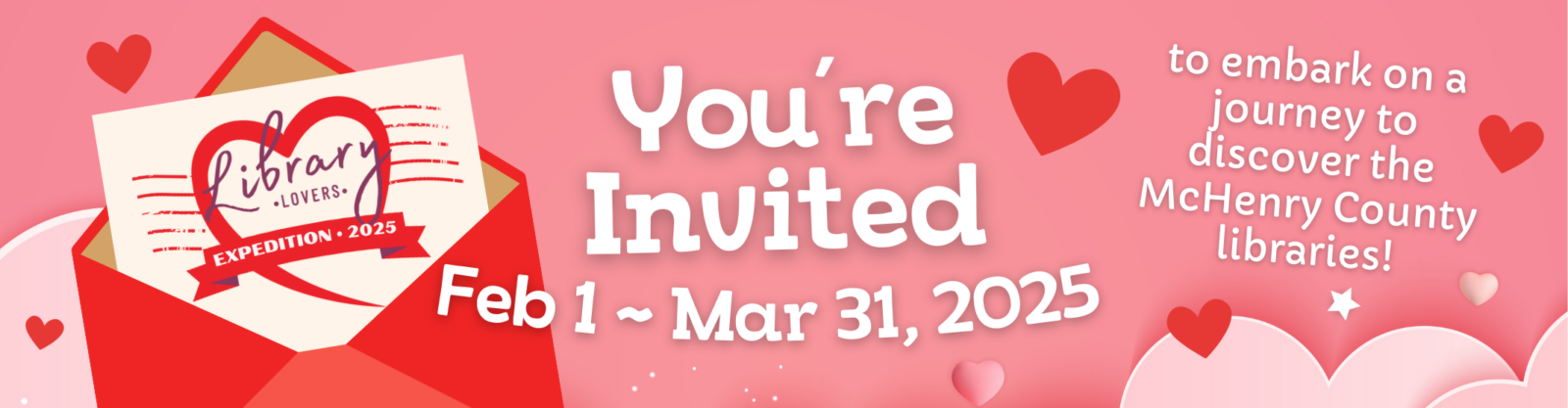 Library Lover's Expedition image of hearts pink clouds LLE logo and red envelope